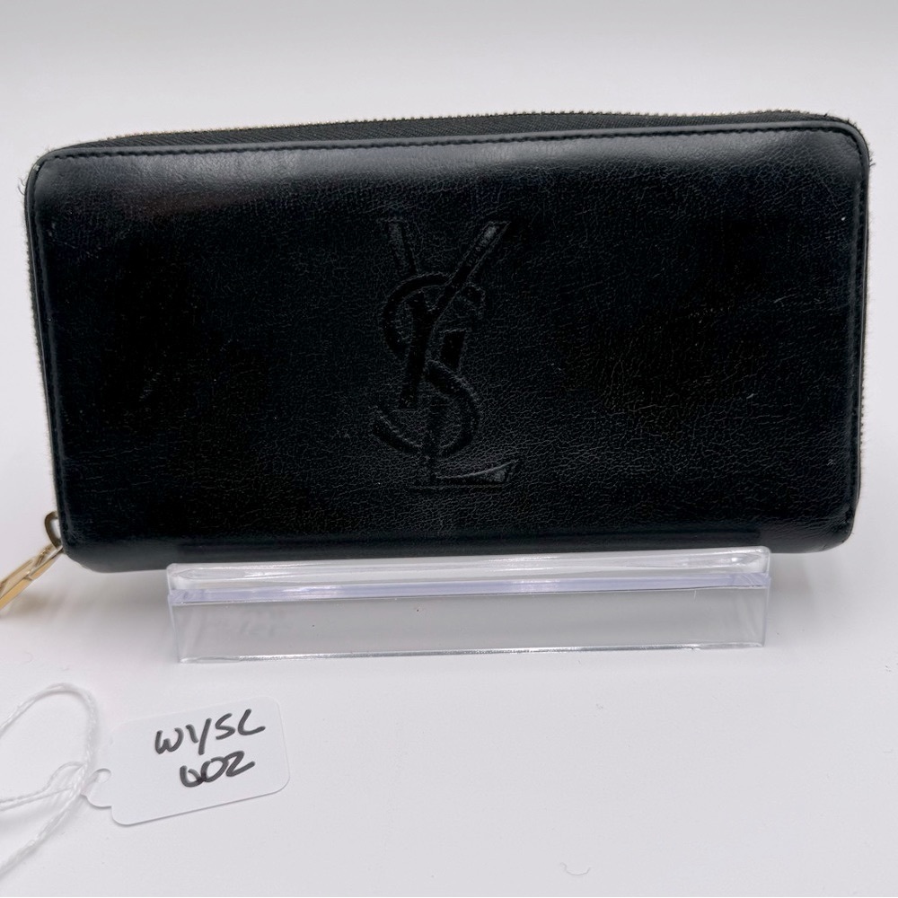 YSL-Authentic-Black Lambskin Long Wallet Zippy - Vintage